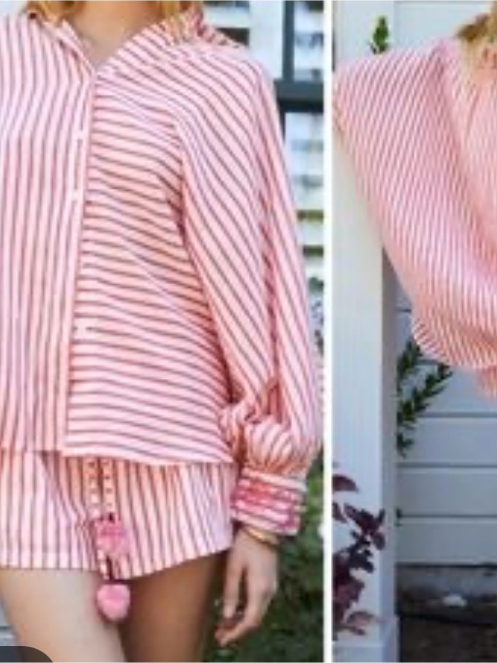 Just Bellina Striped Red white gold Top blouse Sz M embroidered cuff and collar